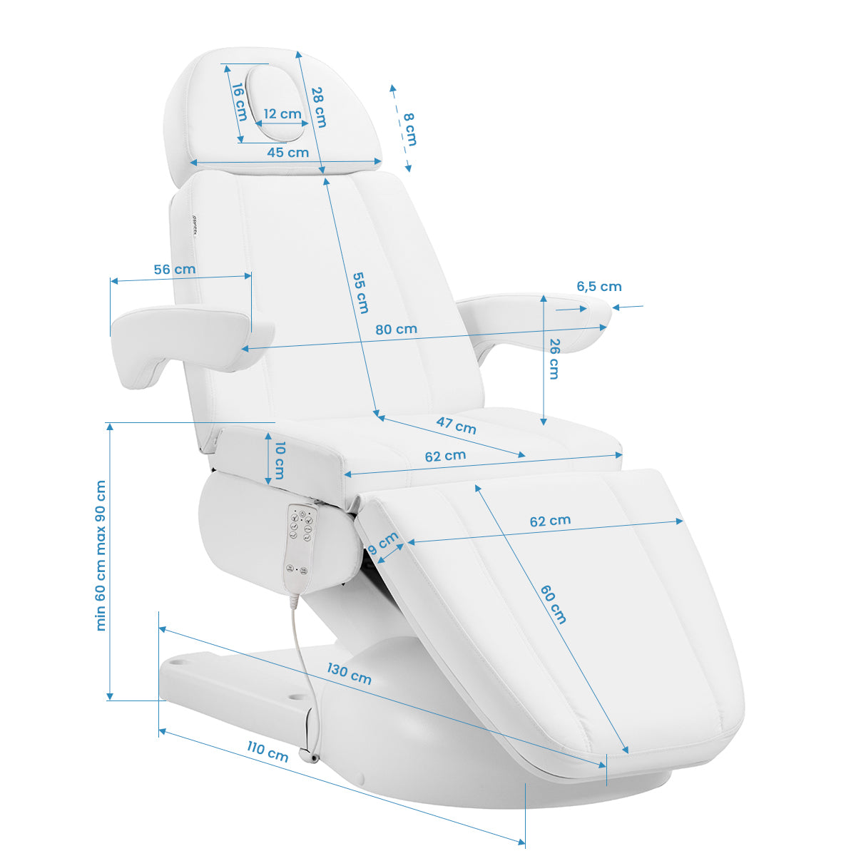 Fotel kosmetyczny elektr. Azzurro Lux 3m biały z podgrzewaniem
