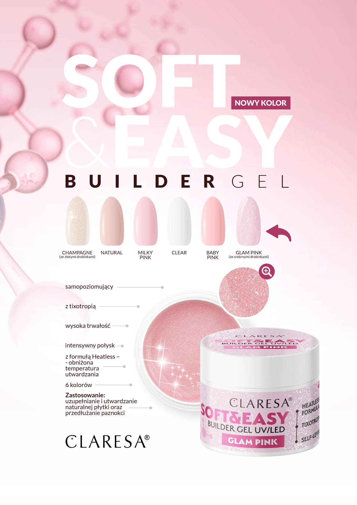 Claresa - Żel budujący SOFT&EASY builder gel glam pink 45g