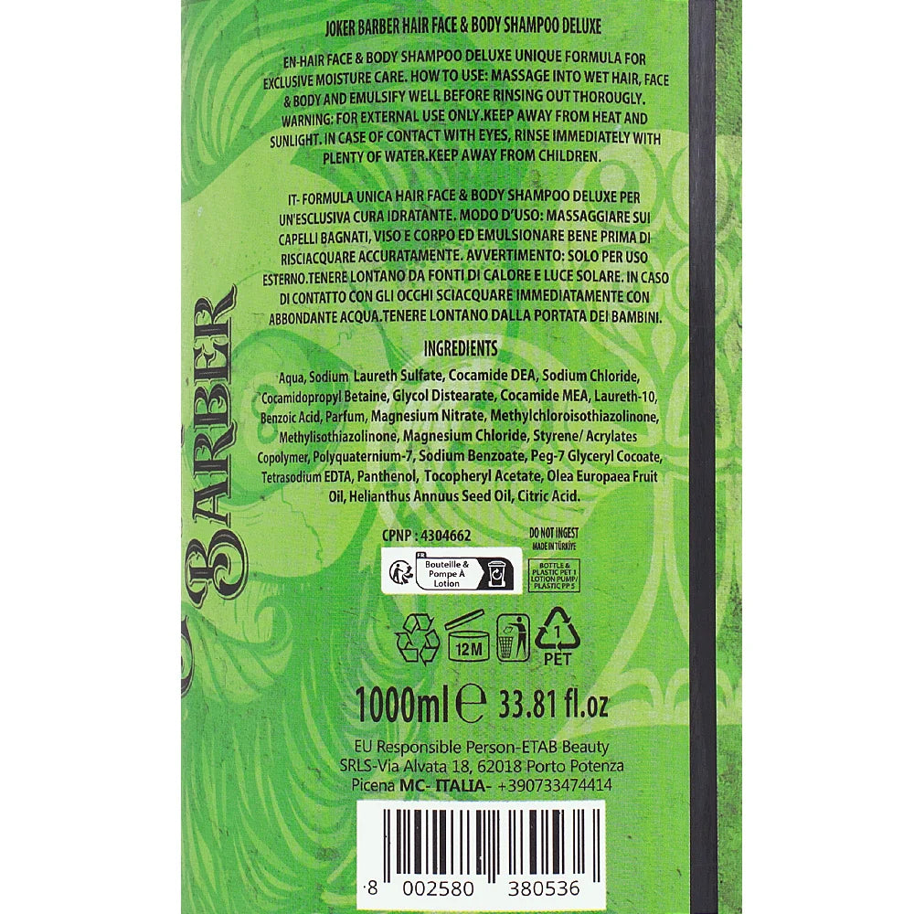 Joker Barber Hair Face & Body Shampoo Deluxe Szampon 3w1 do Włosów, Twarzy i Ciała 1000 ml