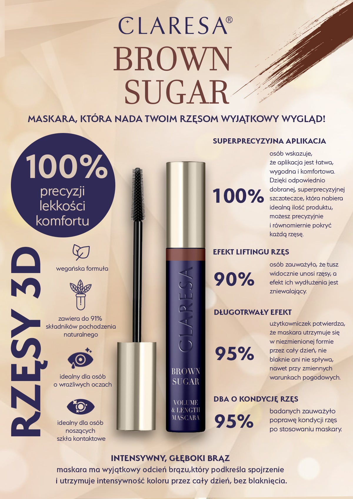 Claresa Brown Sugar Volume & Length Mascara, Tusz Do Rzęs Brązowy Wydłużająco-Pogrubiający, 10 G