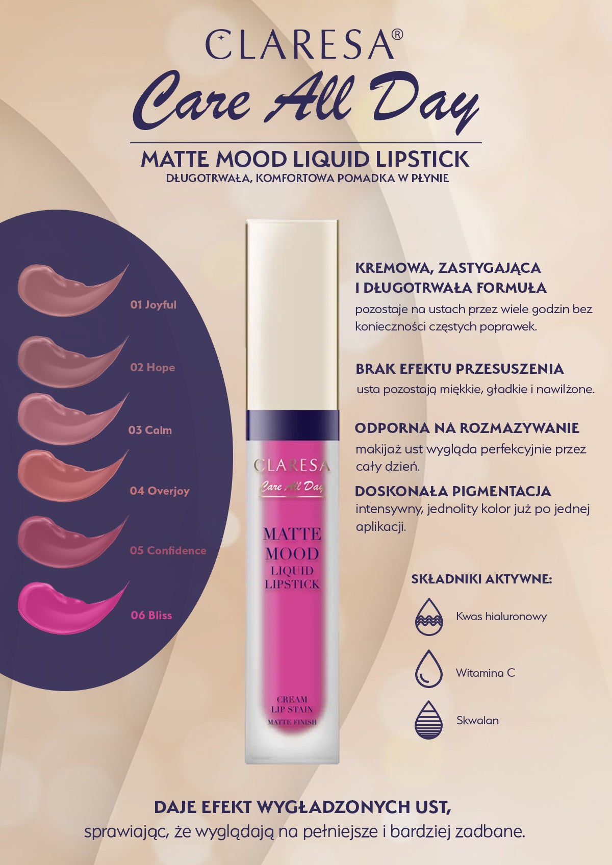 Claresa Care All Day Matte Mood Liquid Lipstick, Matowa Pomadka W Płynie Do Ust 02 Hope, 7 Ml
