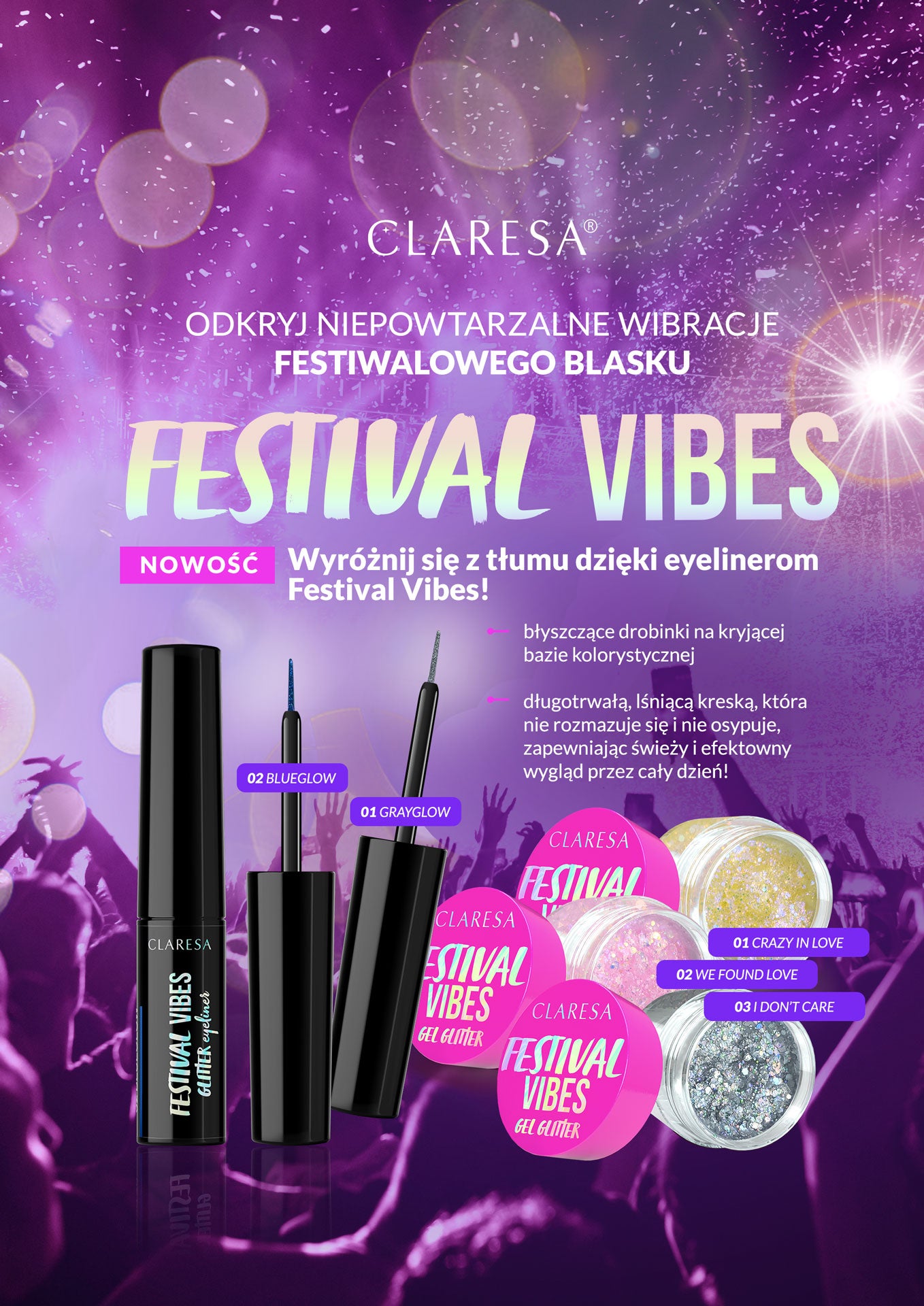 Claresa Eyeliner Brokatowy Festival Vibes 02 BlueGlow 4g