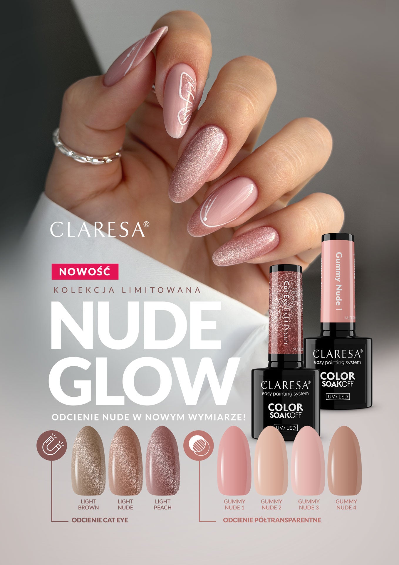 Claresa - Lakier Hybrydowy Nude Glow Cat Eye Light Nude 5g