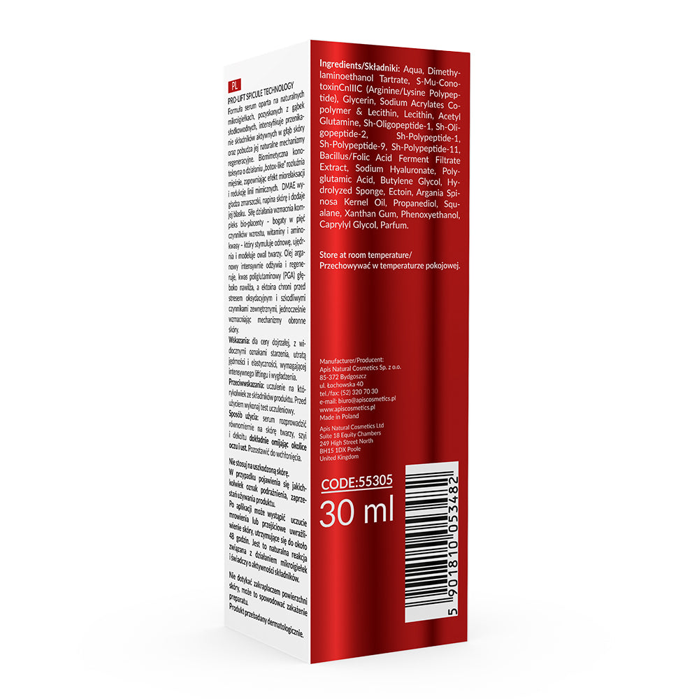 Apis Pro-Lift Spicule Technology Home Terapis Mikroigiełkowe Serum Liftingujące Z DMAE I Biomimetyczną Konotoksyną / 30 Ml