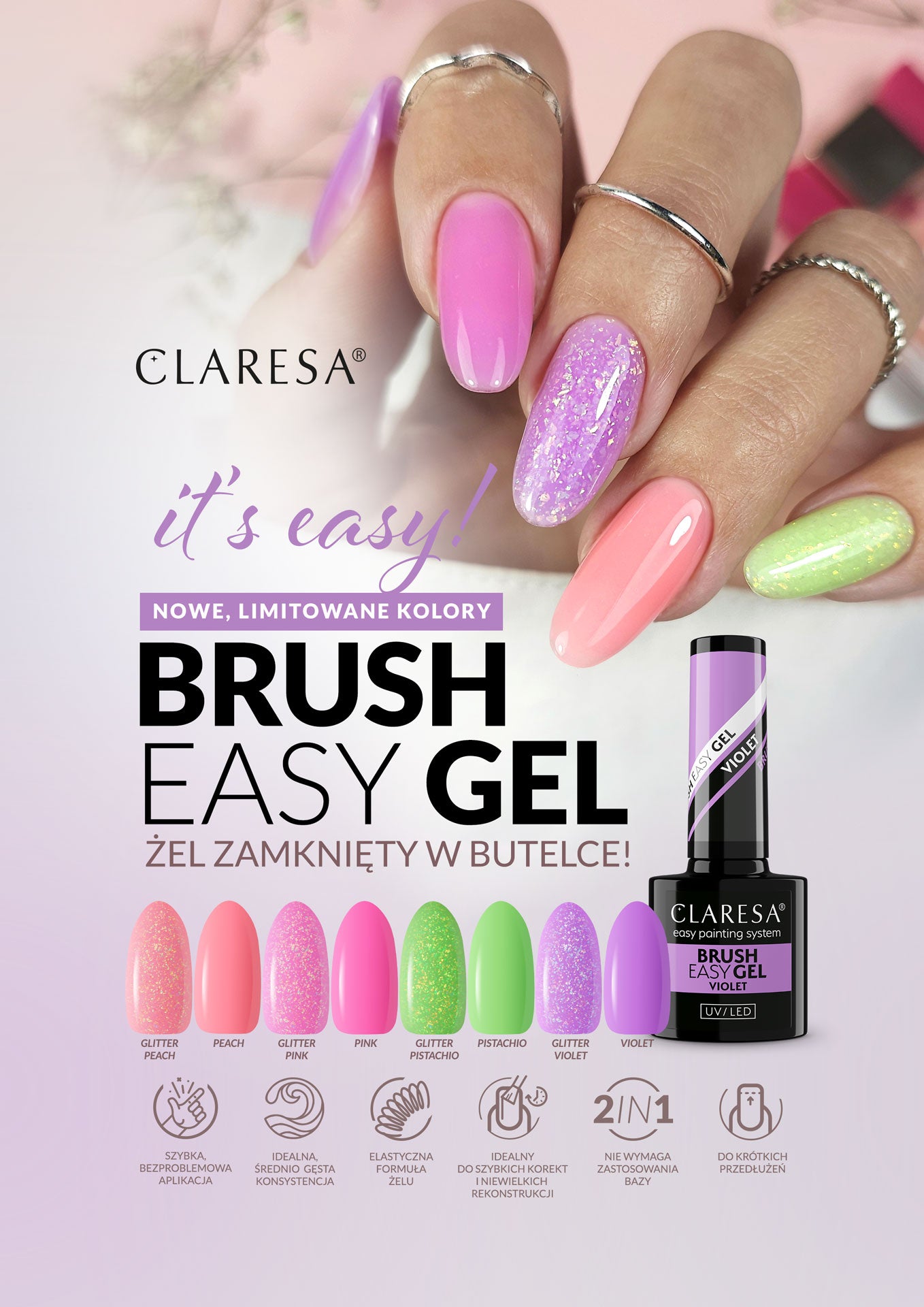 Claresa Żel W Butelce Z Pędzelkiem Brush Easy Gel Glitter Pistachio 5g