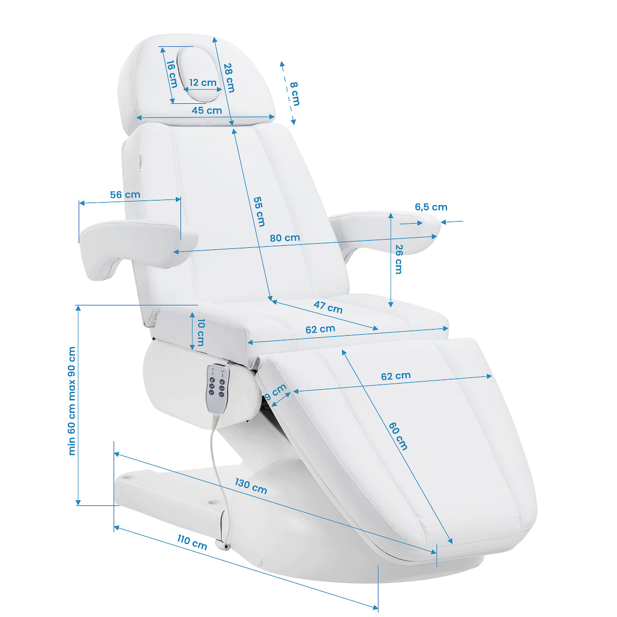 Fotel kosmetyczny elektr. Azzurro Lux 3m biały