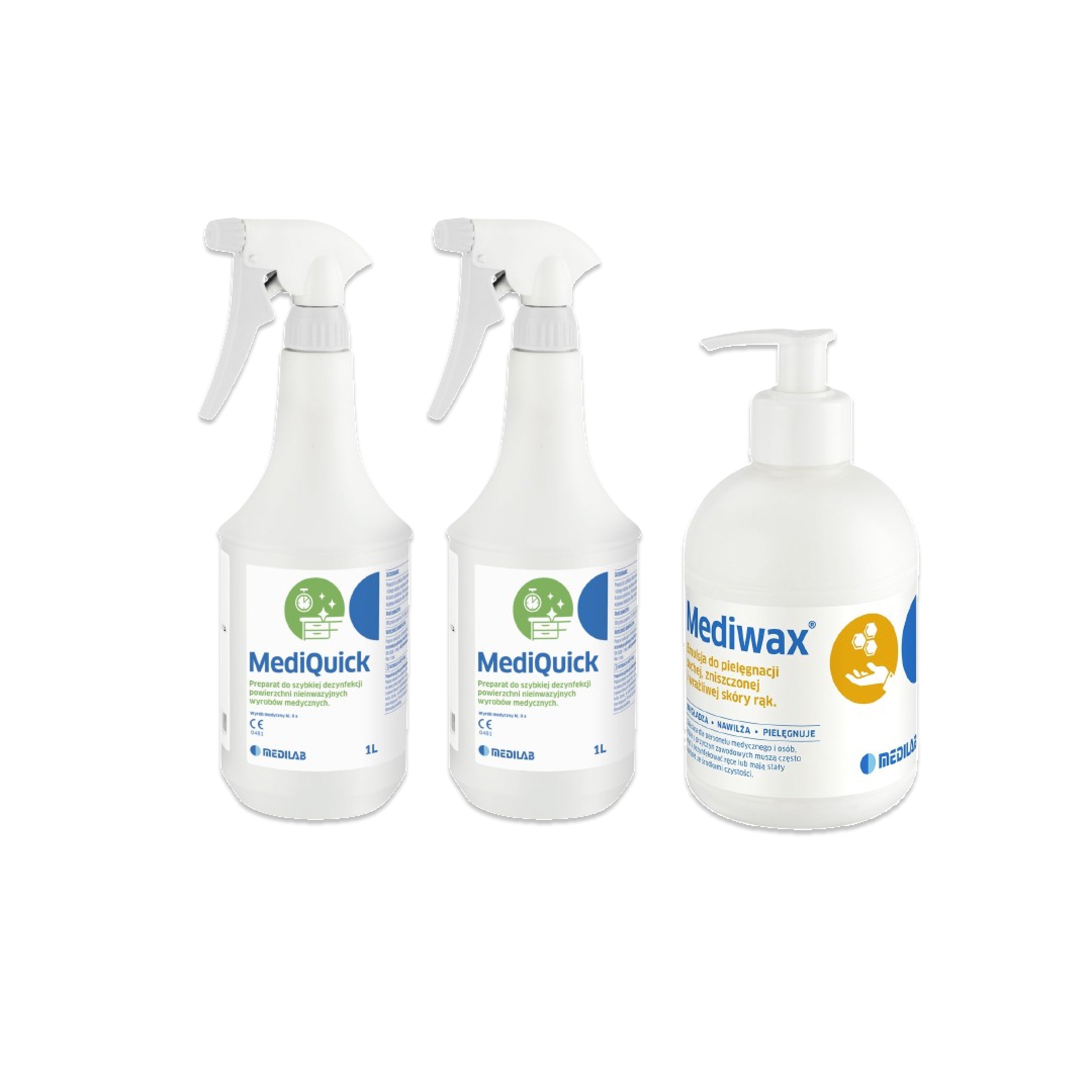 Medilab Mediquick Do Dezynfekcji Powierzchni Ze Spryskiwaczem 1L 2 Sztuki + Krem Mediwax 330ml Gratis