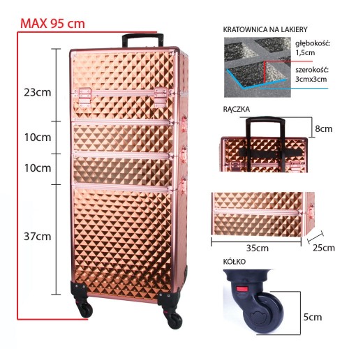 Kuferek Kosmetyczny XXXL 4w1 Walizka Na Kółkach Obrotowych 360 Stopni - Diamond 3D Rose GOlden (Okucia Rose Golden)
