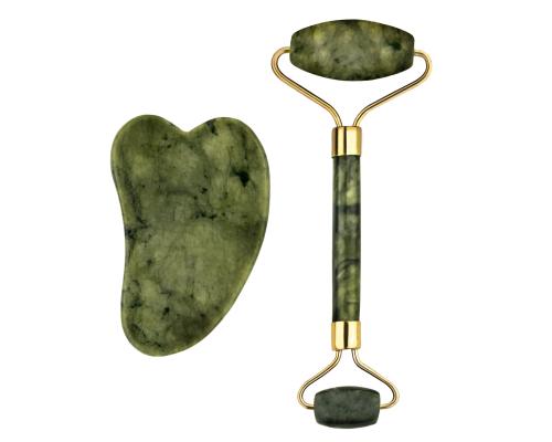 Zestaw Green Jadeit - Roller + Kamień Gua Sha