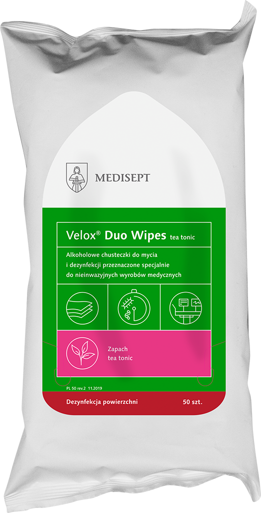 Velox Duo Wipes - Alkoholowe Chusteczki do Dezynfekcji i Mycia Flow Pack 50szt.