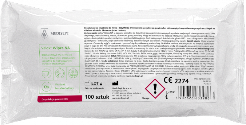 Velox Wipes NA - Bezalkoholowe Chusteczki do Dezynfekcji Wkład 100 szt.