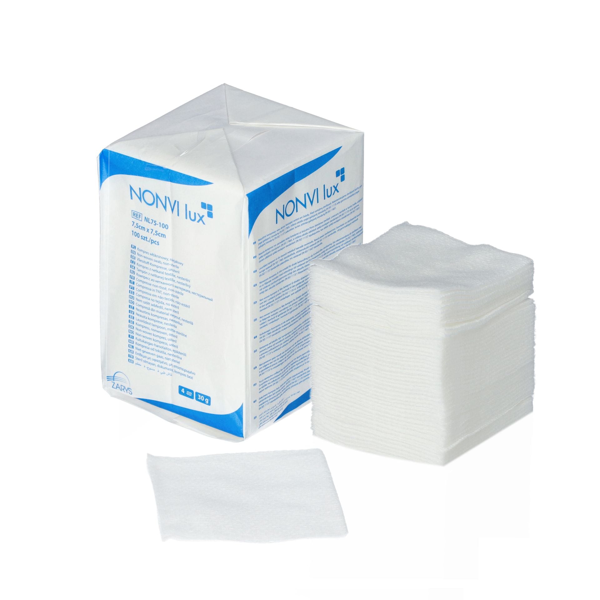 NONVI Lux - Kompres Włókninowy, Niejałowy, 30G, 4W, 7,5cm X 7,5cm X 100 Szt.