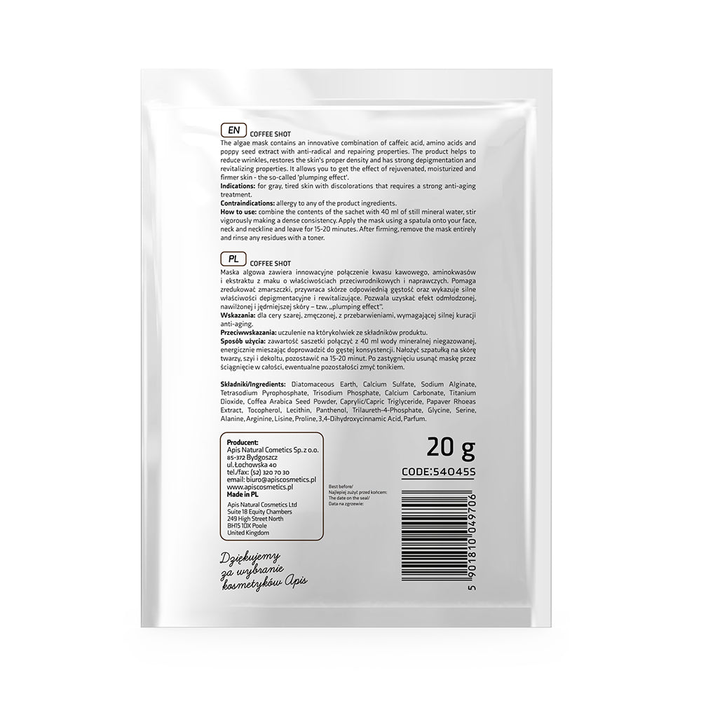 Apis Coffee Shot Biorewitalizująca Maska Algowa Z Kwasem Kawowym I Ziarenkami Kawy Arabica / 20 G