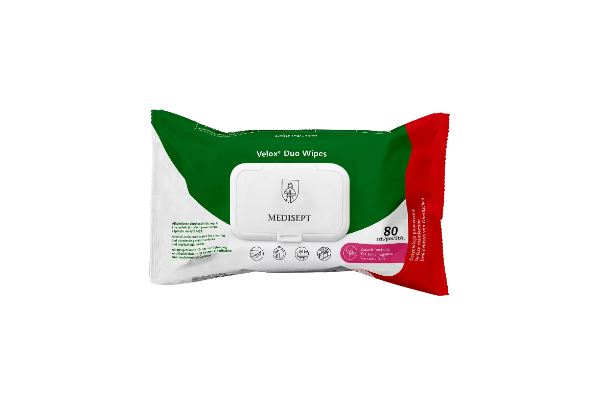 Medisept Velox Duo Wipes - Alkoholowe Chusteczki do Dezynfekcji i Mycia Flow-Pack 80 Szt.
