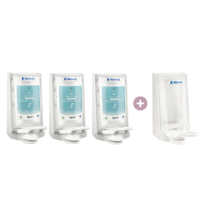 Medilab Zestaw Dozownik Sterisol Biały + 3x Liquid Soap
