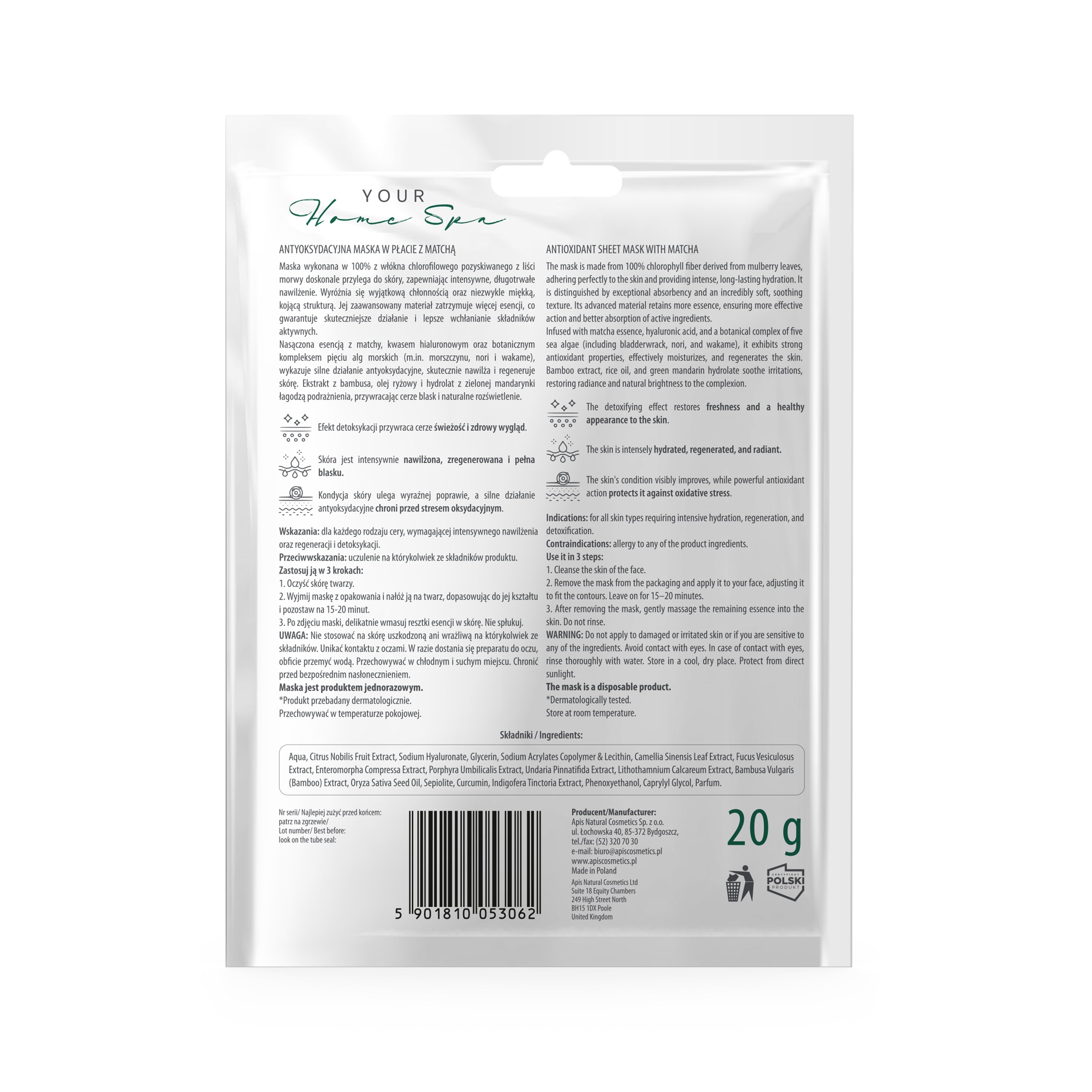 Apis Maska W Płacie Antyoksydacyjna Z Matchą / 20 G