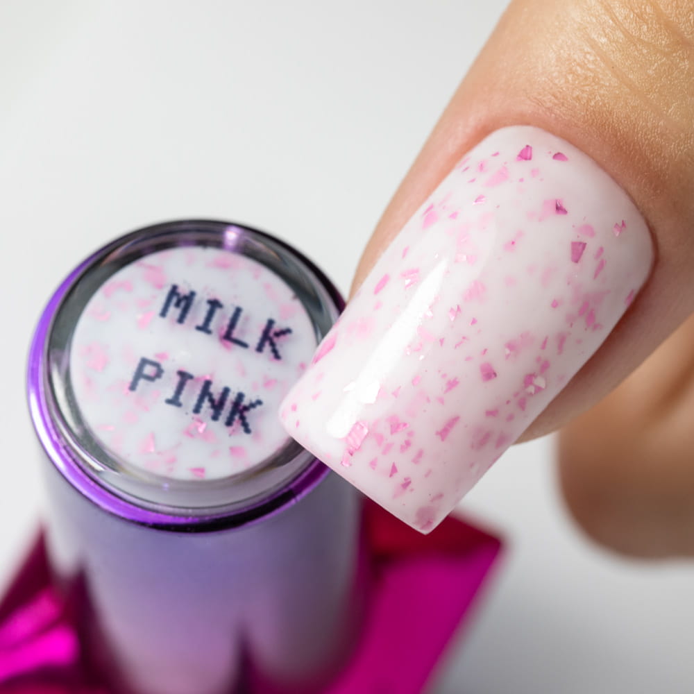 Mollylac Mleczna Baza Kauczukowa Z Różowo Metalicznymi Płatkami Flakes Rubber Base Milk&Pink  HEMA Free TPO Free 10g