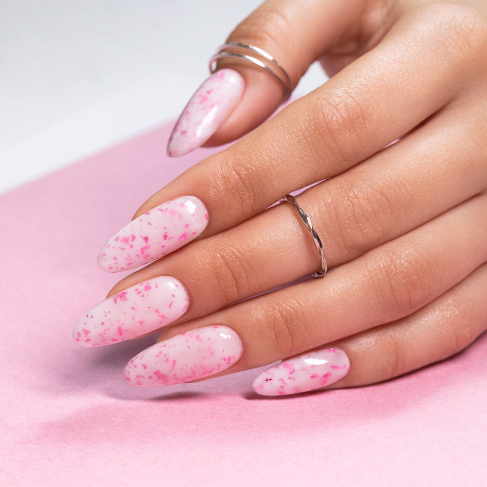 Mollylac Mleczna Baza Kauczukowa Z Różowo Metalicznymi Płatkami Flakes Rubber Base Milk&Pink  HEMA Free TPO Free 10g