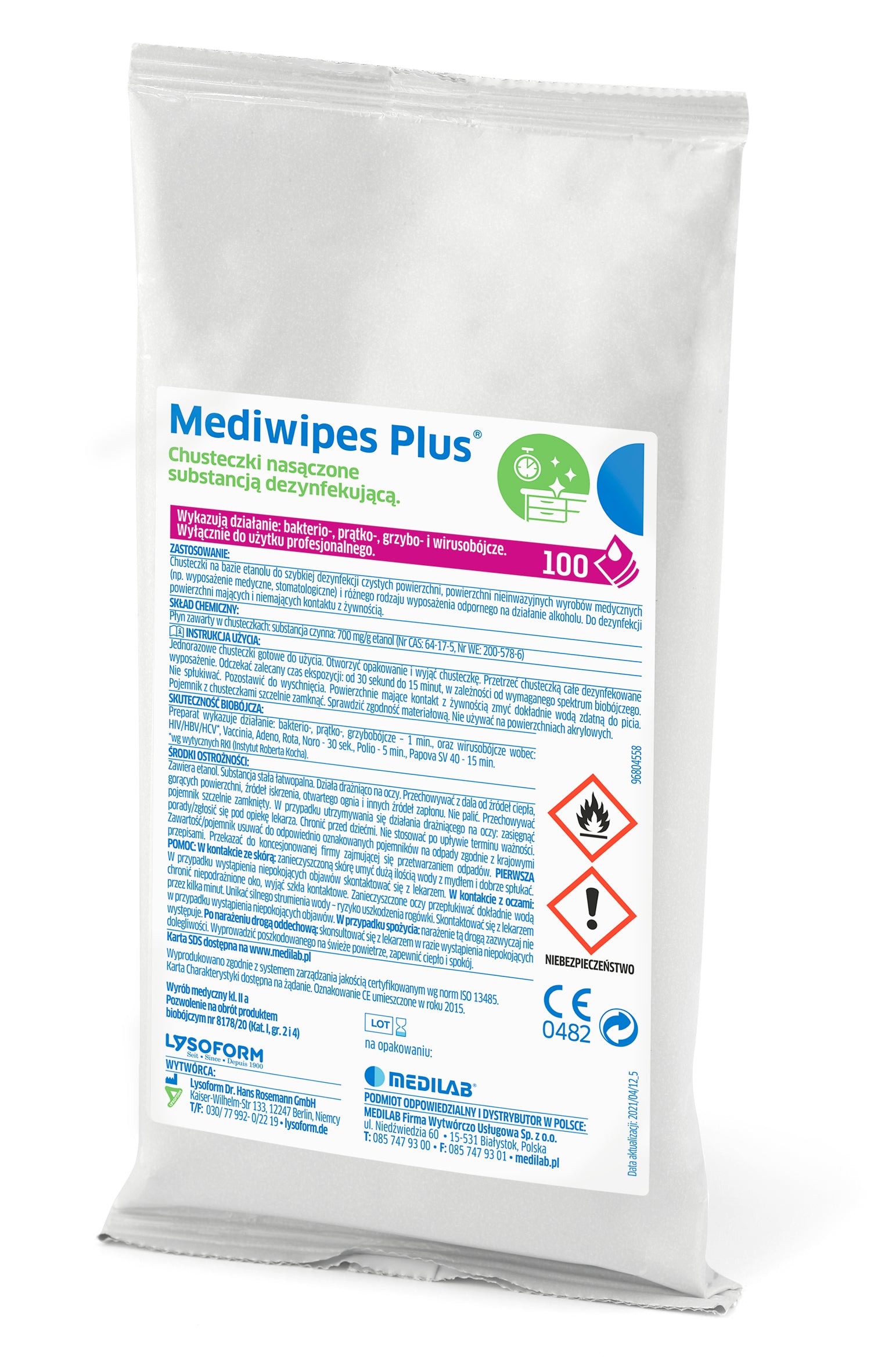 Mediwipes Plus Alkoholowe Chusteczki do Dezynfekcji-Wkład 100szt