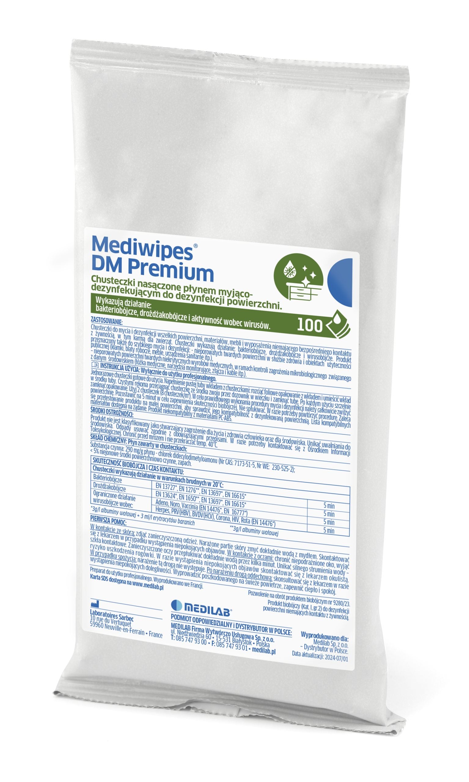 Medilab Mediwipes DM Premium Chusteczki Wkład Uzupełniający 100 Szt