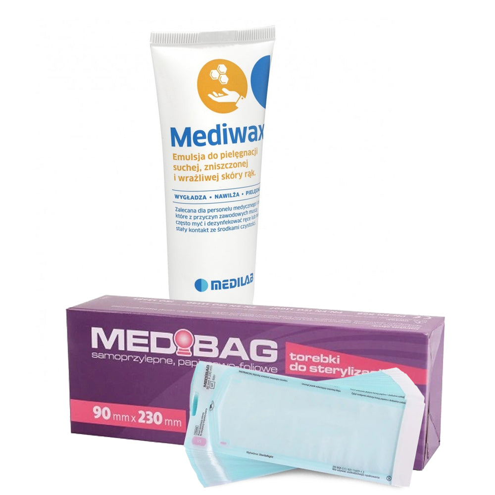 Zestaw MEDIBAG Torebki Do Sterylizacji 090x230 200szt + Medilab Mediwax Krem Do Rąk 75ml