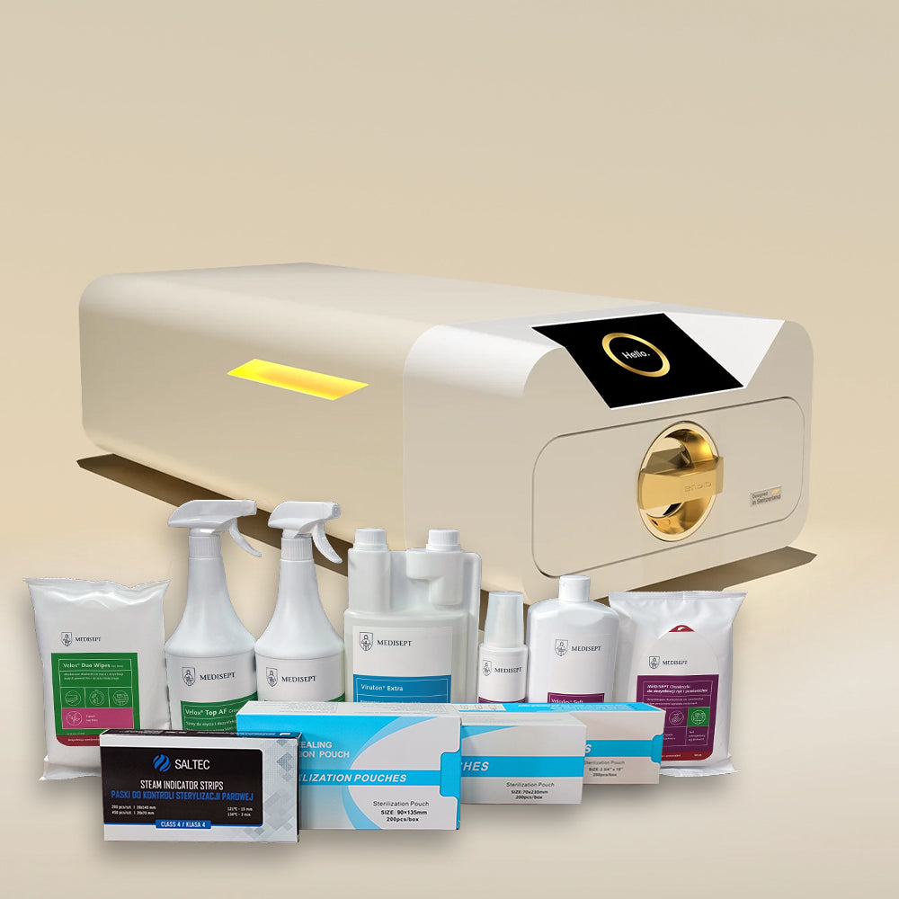 Zestaw Autoklaw Enbio S Kl.B Beauty Edition + Duża Ilość Gratisów: Magic Filtr+3 Rodzaje Torebek Do Sterylizacji+Testy Do Sterylizacji+Aż 7 Produktów Do Dezynfekcji Skóry I Powierzchni
