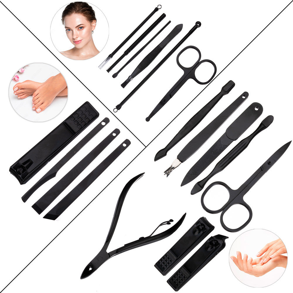 Zestaw 18 Akcesoriów Kosmetycznych Do Manicure, Pedicure i Zabiegów Na Twarz w Czarno - Czerwonym Etui CC046